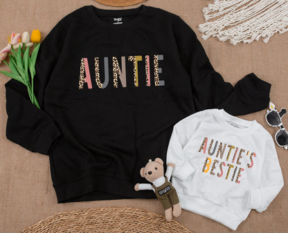 Custom Auntie & Auntie's Bestie Matching Sweatshirt Leopard Print Fall Outfit Baby Girl Romper Gift for Auntie & Niece or Nephew