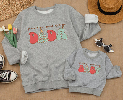 Very Merry Mama and Baby Matching Christmas Sweatshirts, Retro Holiday Family Outfits, Cute Winter Shirts,Red Green Lettering,Vintage Style Sweatshirt Gift