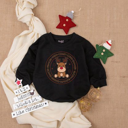 My First Christmas Reindeer Romper: Baby's Cute Holiday Outfit, Cartoon Deer Bodysuit with Dasher, Dancer, Prancer Names, Soft Cotton First Xmas Gift 138