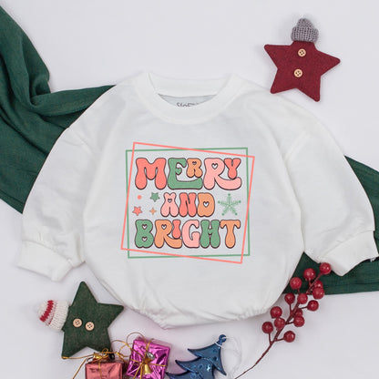 Merry and Bright Retro Christmas Baby Outfit with Pink & Green Accents - Perfect First Christmas Toddler Sweatshirt or Newborn Gift Girl