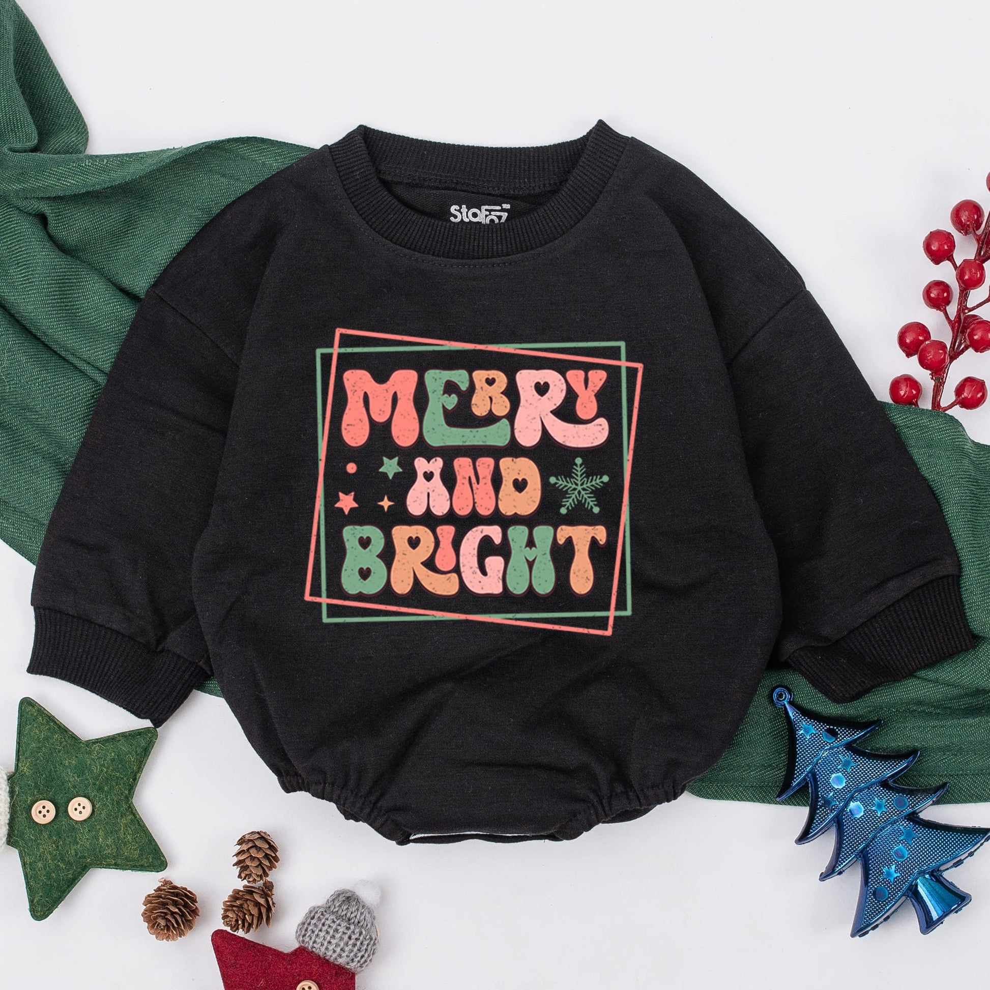 Merry and Bright Retro Christmas Baby Outfit with Pink & Green Accents - Perfect First Christmas Toddler Sweatshirt or Newborn Gift Girl