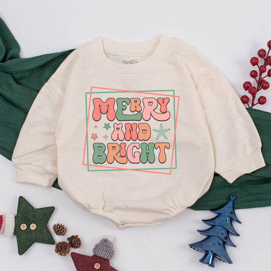 Merry and Bright Retro Christmas Baby Outfit with Pink & Green Accents - Perfect First Christmas Toddler Sweatshirt or Newborn Gift Girl