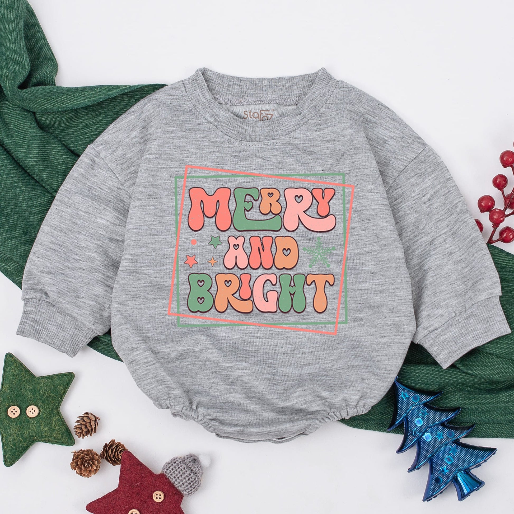 Merry and Bright Retro Christmas Baby Outfit with Pink & Green Accents - Perfect First Christmas Toddler Sweatshirt or Newborn Gift Girl