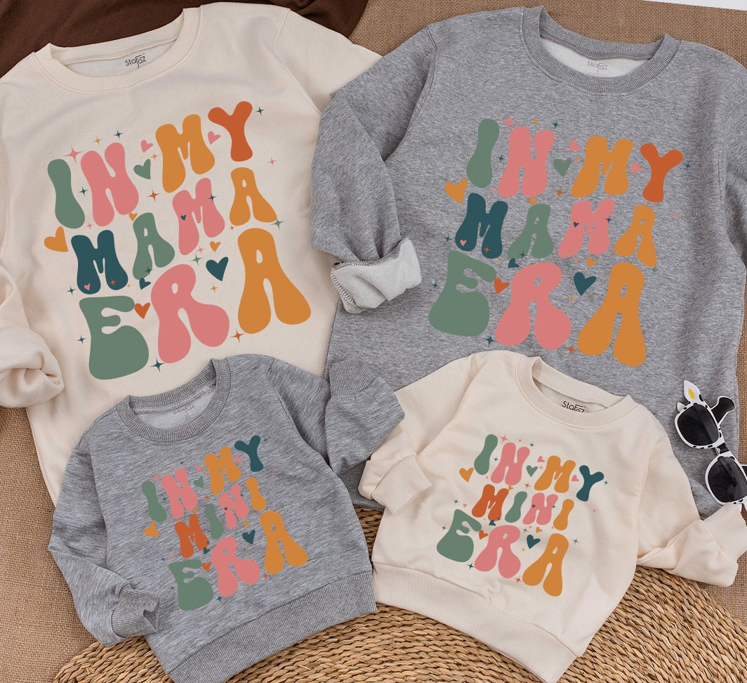 Personalized Mama & Mini Retro Sweatshirt Set, Groovy Family Matching Outfits, In My Era, Baby Romper, Mom & Me Winter Gift