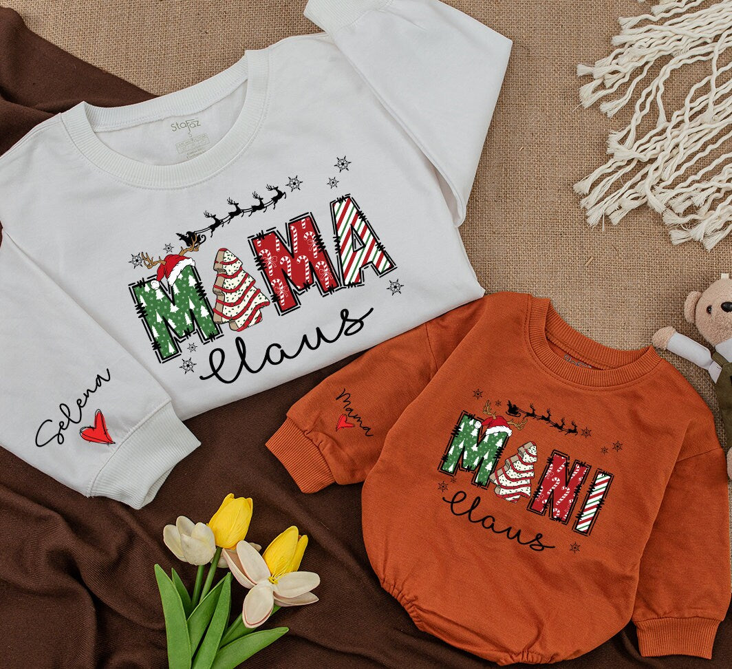 Personalized Mama Mini Gigi Claus Family Christmas Sweatshirt festive candy cane star reindeer sleigh design holiday cozy gift