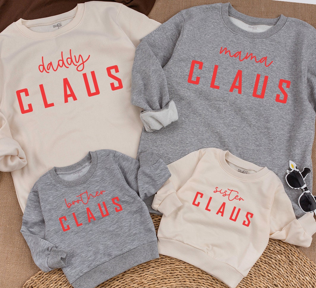 Mama Claus & Mini Claus Christmas Sweatshirt Family Matching Set, Red Festive Design, Personalized Name Gift