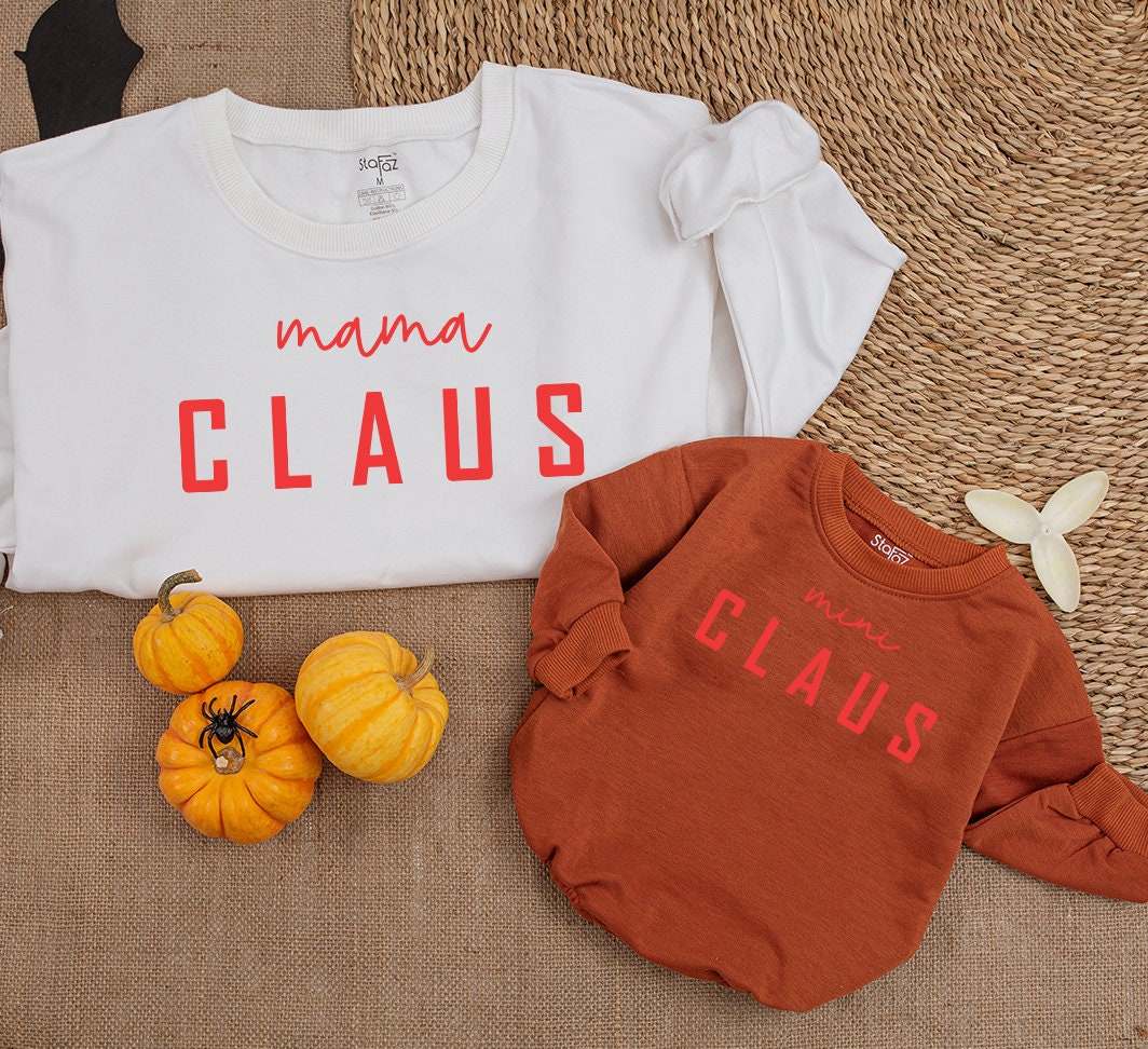 Mama Claus & Mini Claus Christmas Sweatshirt Family Matching Set, Red Festive Design, Personalized Name Gift