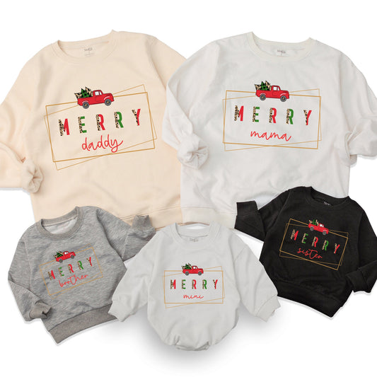 Matching Mama Mini Christmas Sweatshirts Merry Red Truck Family Holiday Outfit Comfortable Mother Daughter Winter Leopard Print