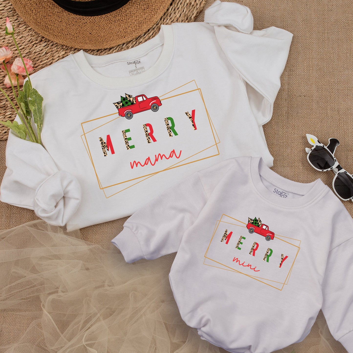 Matching Mama Mini Christmas Sweatshirts Merry Red Truck Family Holiday Outfit Comfortable Mother Daughter Winter Leopard Print