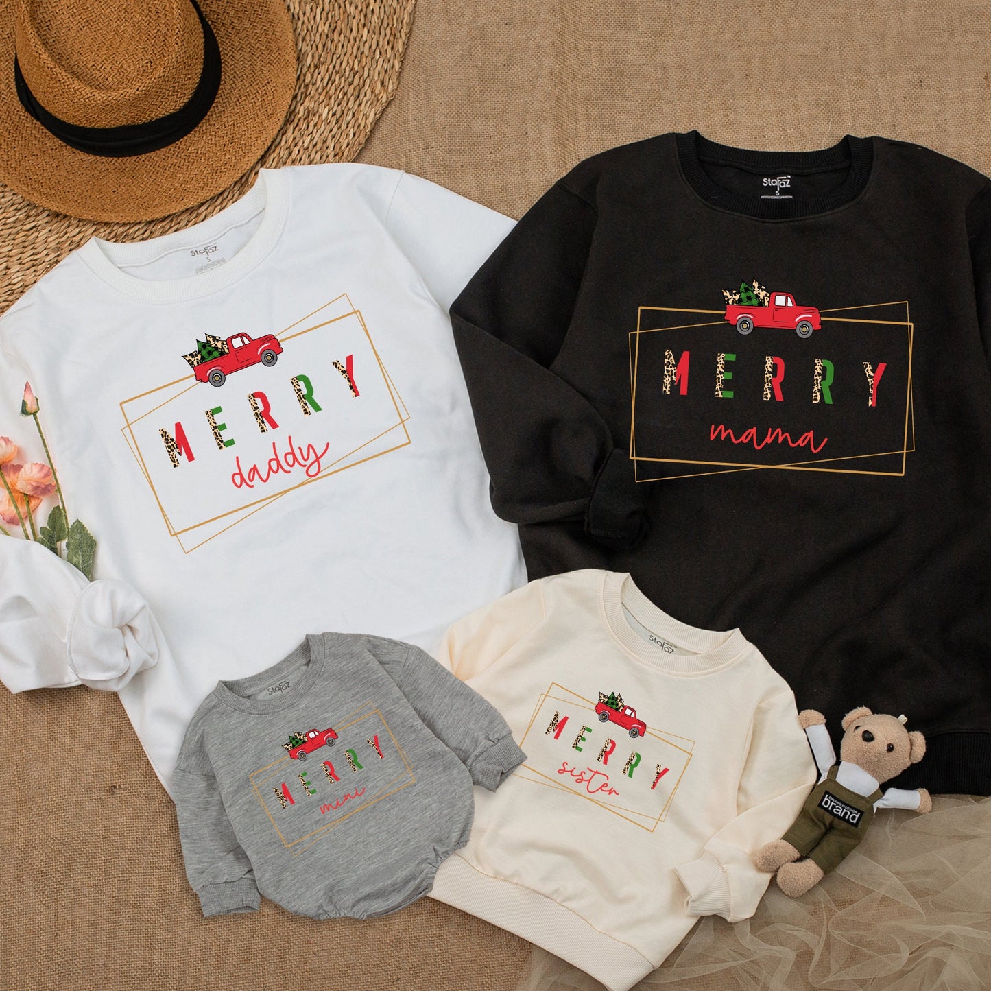 Matching Mama Mini Christmas Sweatshirts Merry Red Truck Family Holiday Outfit Comfortable Mother Daughter Winter Leopard Print