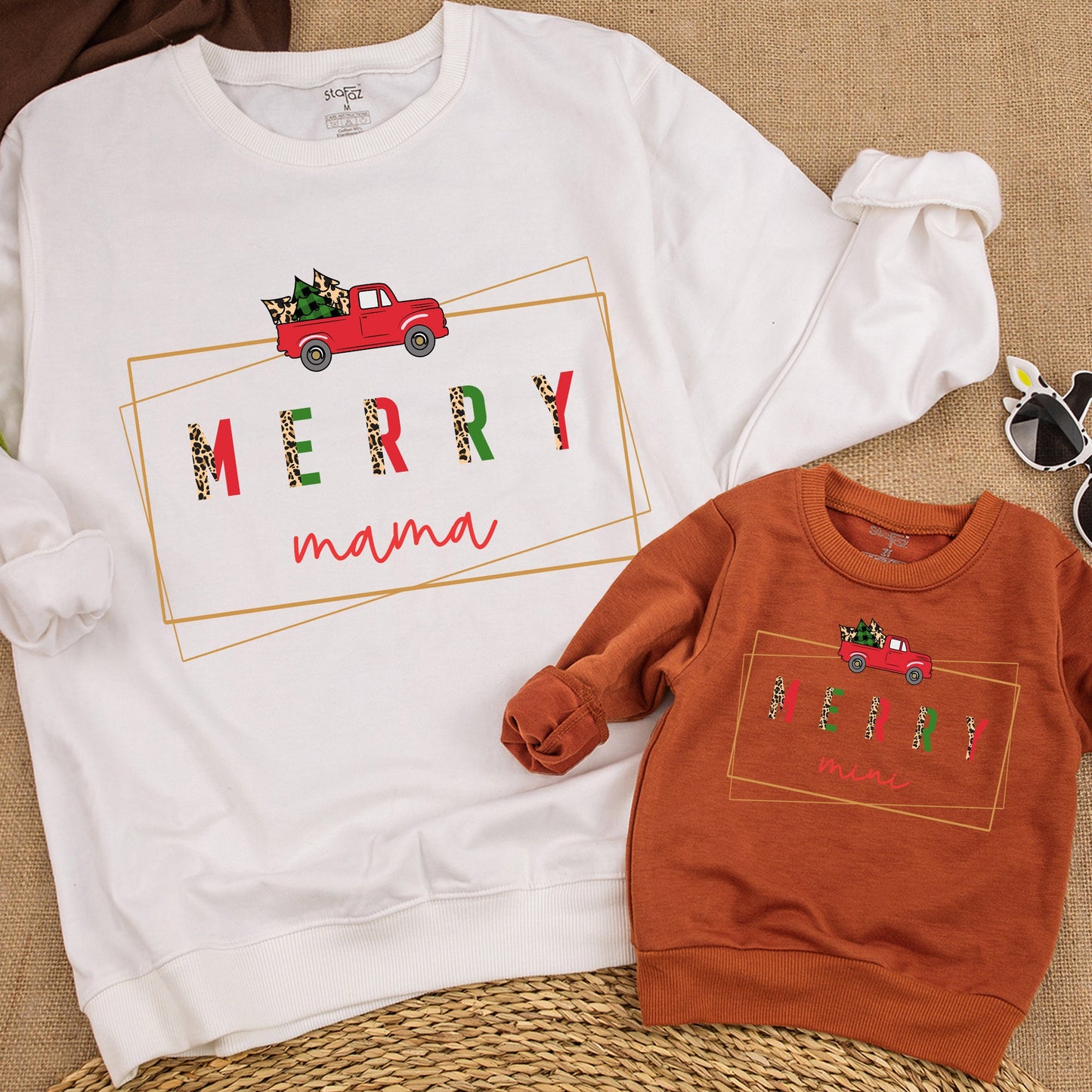 Matching Mama Mini Christmas Sweatshirts Merry Red Truck Family Holiday Outfit Comfortable Mother Daughter Winter Leopard Print