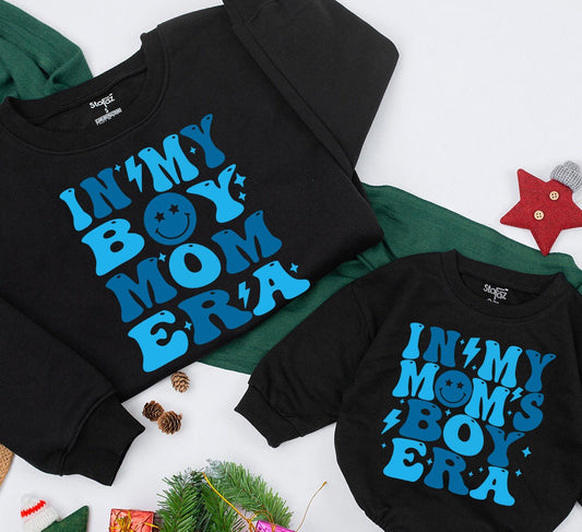 In My Boy Mom Era Sweatshirt Retro Blue Lightning Stars Smiling Face Vintage Mom Life Mama Gift