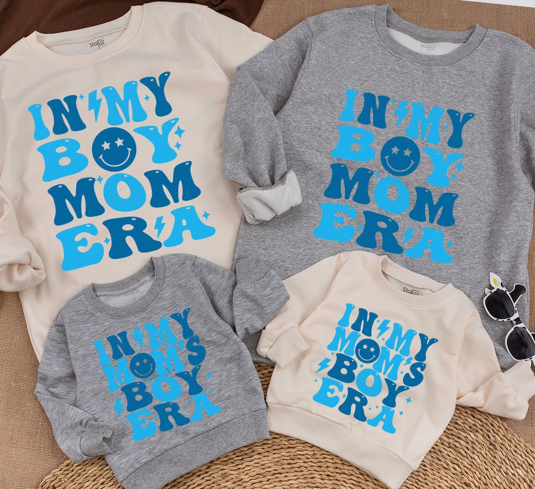 In My Boy Mom Era Sweatshirt Retro Blue Lightning Stars Smiling Face Vintage Mom Life Mama Gift 