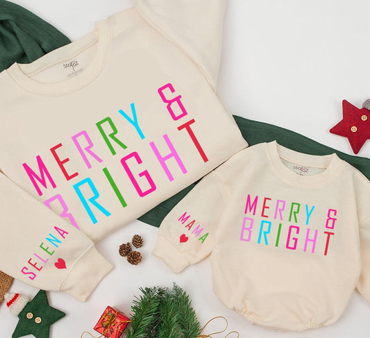 Personalized Mommy and Me Christmas Sweatshirt Merry & Bright Colorful Letters Name on Wrist Mom Daughter Baby Girl Holiday Gift