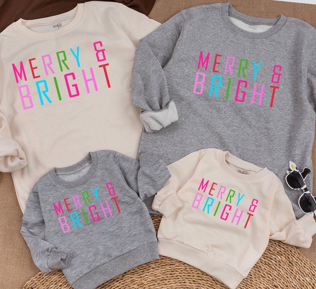Personalized Mommy and Me Christmas Sweatshirt Merry & Bright Colorful Letters Name on Wrist Mom Daughter Baby Girl Holiday Gift