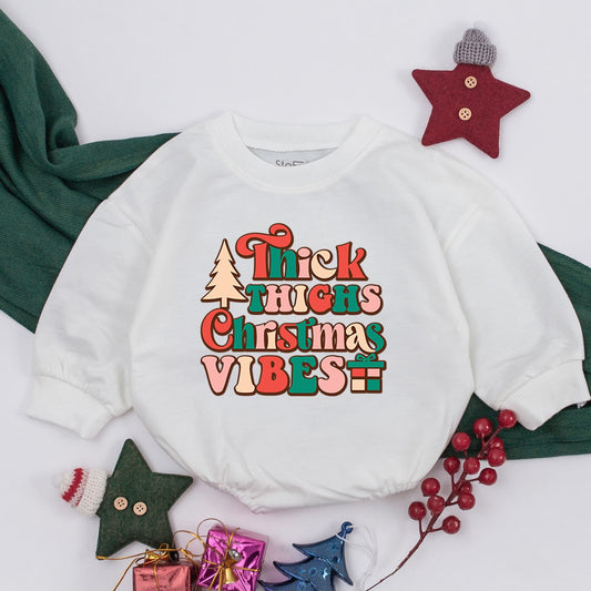 Thick Thighs Christmas Vibes Baby Girl Romper First Christmas Outfit Retro Bubbly Font Festive Holiday Infant Bodysuit Red Green Pink Beige