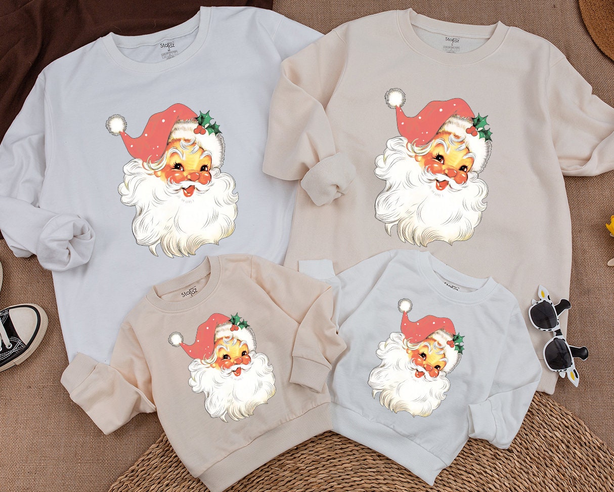 Merry Christmas Santa Face Family Matching Sweatshirt for Babies Kids and Adults Vintage Retro Holiday Winter Apparel Soft Comfortable Gift