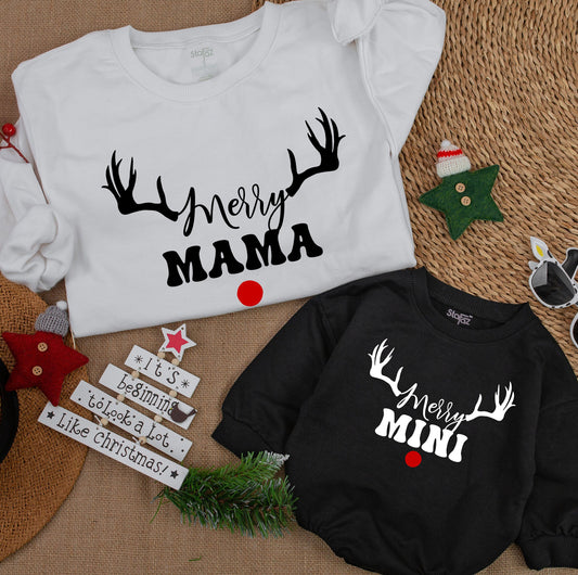 Merry Mama and Merry Mini Christmas Sweatshirt Matching Family Sweaters Daughter Toddler Outfit Holiday Xmas Shirts Mom and Me Winter Soft Comfortable