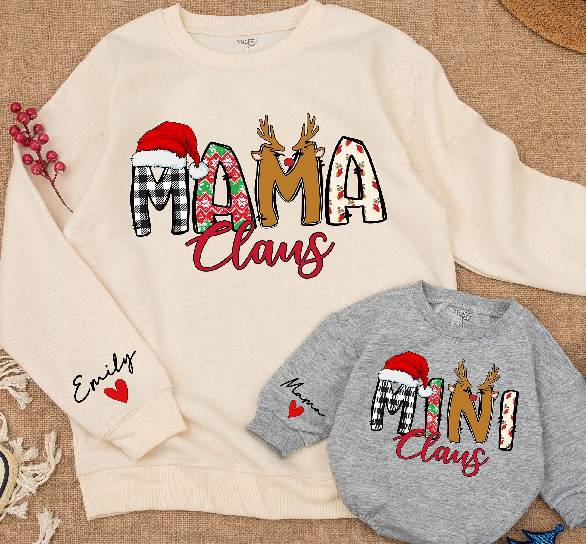 Mama Claus and Mini Claus Christmas Matching Family Sweatshirts, Mom & Baby Girl Holiday Outfit, Festive Santa Hat Design, Personalized Emily Gift