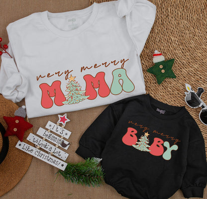 Very Merry Mama and Baby Matching Christmas Sweatshirts, Retro Holiday Family Outfits, Cute Winter Shirts,Red Green Lettering,Vintage Style Sweatshirt Gift