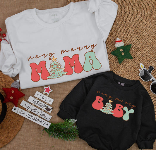Very Merry Mama and Baby Matching Christmas Sweatshirts, Retro Holiday Family Outfits, Cute Winter Shirts,Red Green Lettering,Vintage Style Sweatshirt Gift
