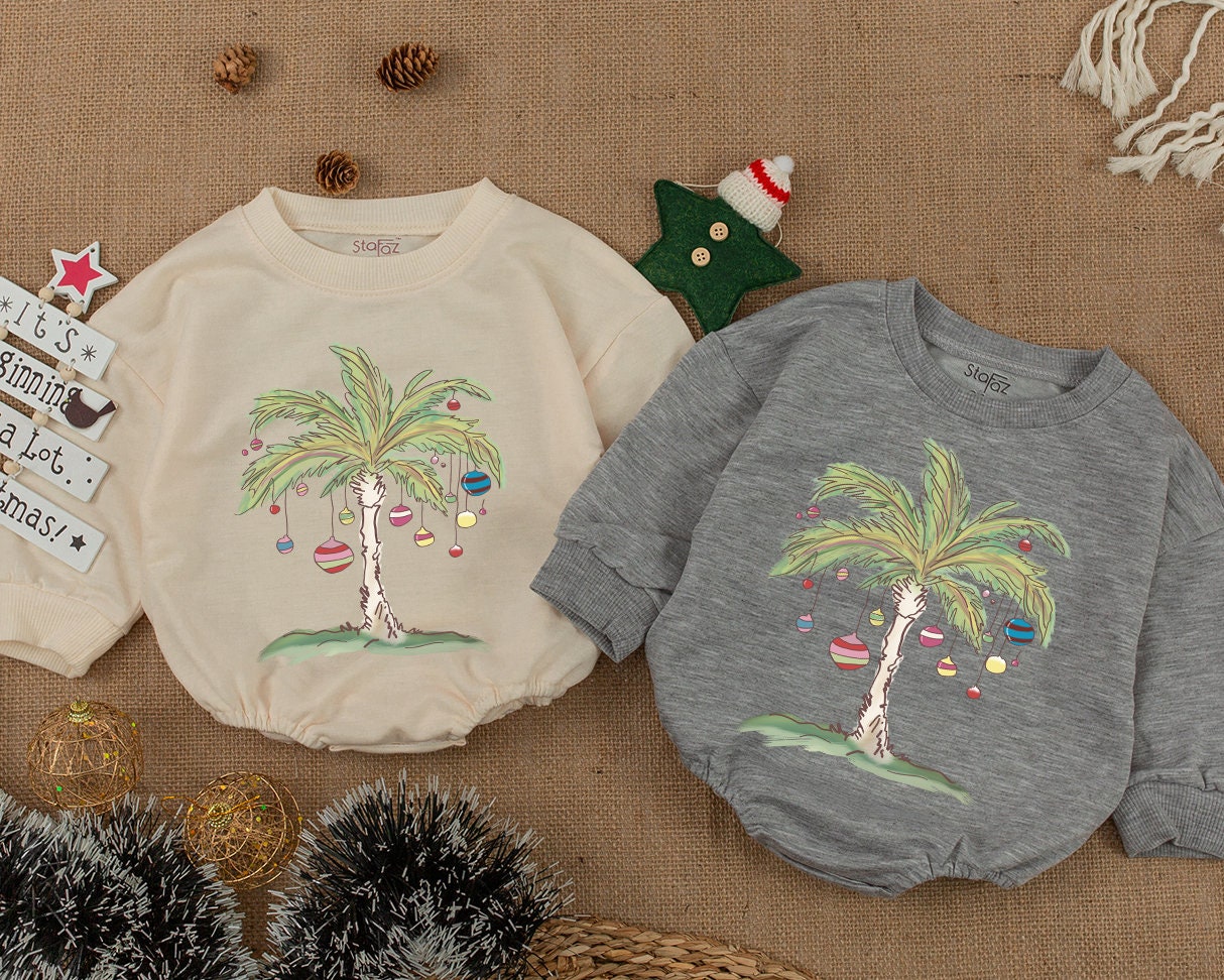 Tropical Christmas Palm Tree Sweatshirt Toddler Romper, Beachy Xmas Gift for Baby Kid, Aloha Holiday Outfit, Florida Christmas in July Fun 139chars