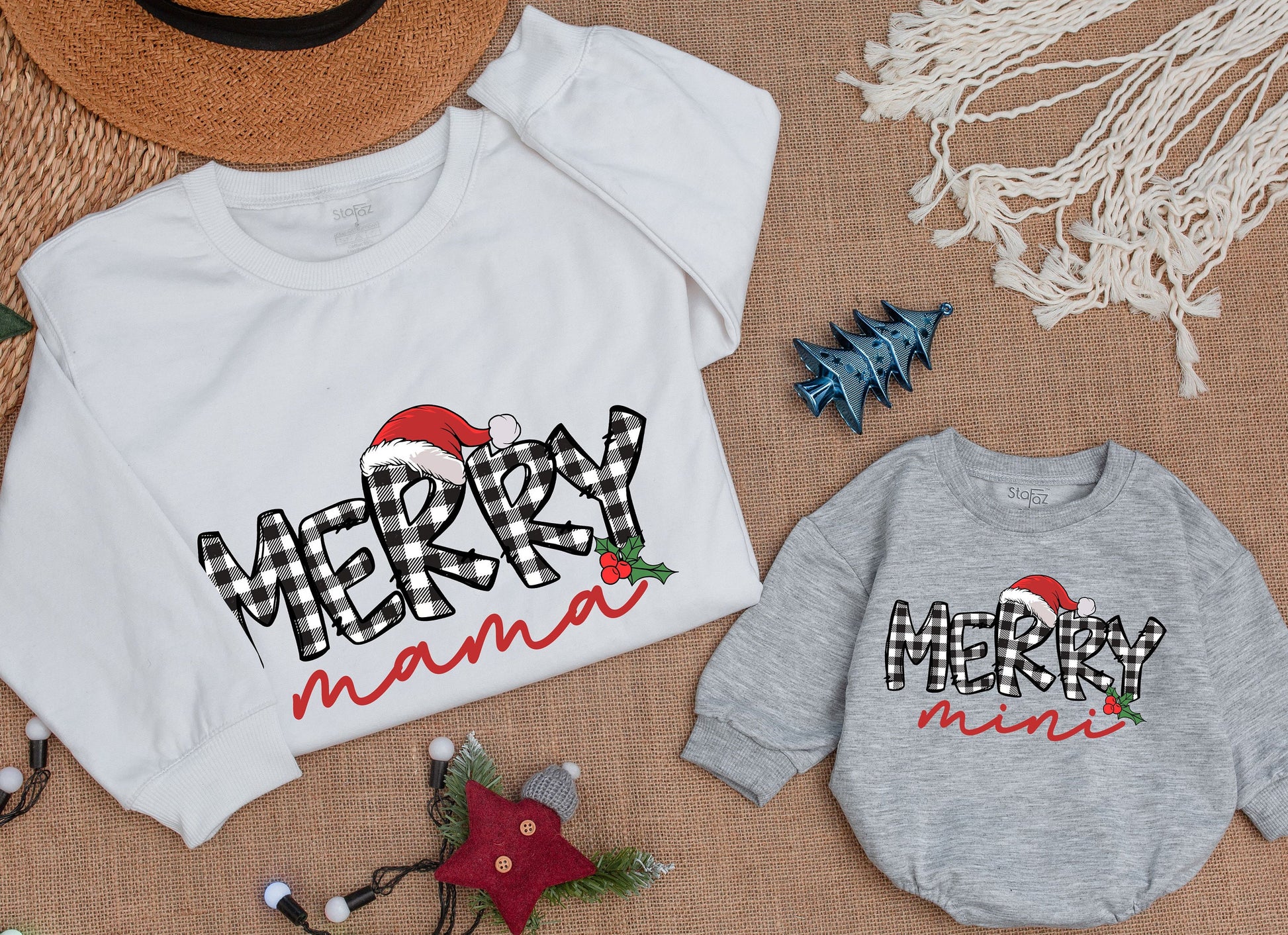 Plaid Merry Mama Christmas Sweatshirt, Cute Matching Family Holiday Sweaters, Holly Berry Accent, Personalized Gift for Mom and Daughter, Festive Outfit 138