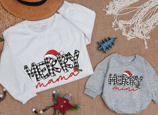 Plaid Merry Mama Christmas Sweatshirt, Cute Matching Family Holiday Sweaters, Holly Berry Accent, Personalized Gift for Mom and Daughter, Festive Outfit 138