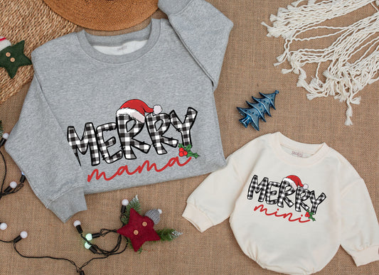 Plaid Merry Mama Christmas Sweatshirt, Cute Matching Family Holiday Sweaters, Holly Berry Accent, Personalized Gift for Mom and Daughter, Festive Outfit 138