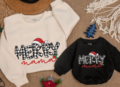 Plaid Merry Mama Christmas Sweatshirt, Cute Matching Family Holiday Sweaters, Holly Berry Accent, Personalized Gift for Mom and Daughter, Festive Outfit 138
