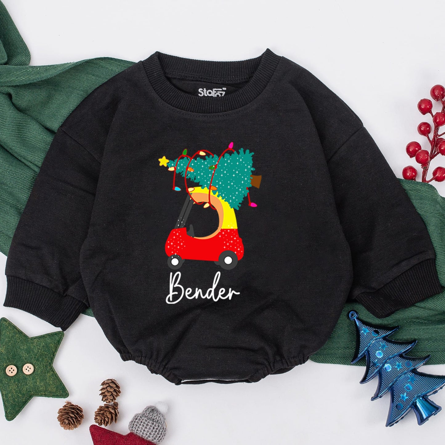 Personalized Red Car Christmas Baby Romper Outfit, Christmas Baby Girl Boy Infant Clothes, 1st Christmas Gift, Retro Santa Baby Romper
