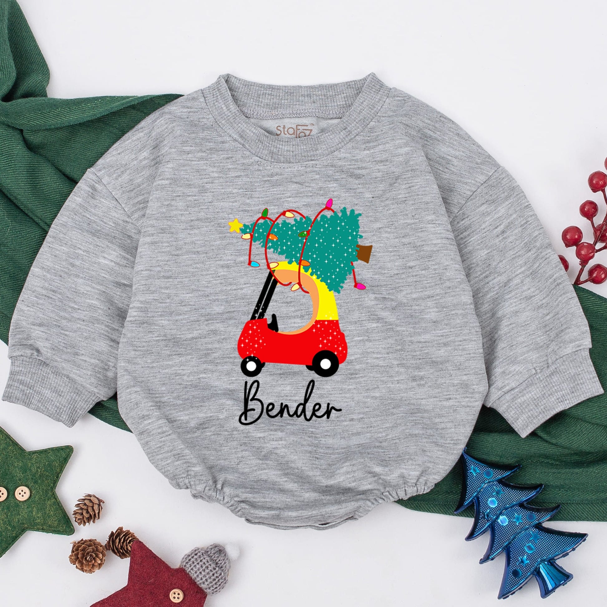 Personalized Red Car Christmas Baby Romper Outfit, Christmas Baby Girl Boy Infant Clothes, 1st Christmas Gift, Retro Santa Baby Romper