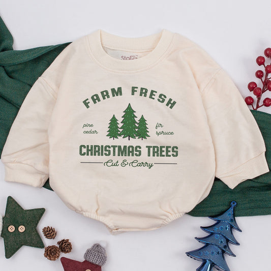 Farm Fresh Christmas Trees Baby Romper Holiday Outfit Vintage Evergreen Infant Clothes Pine Cedar Fir Spruce Cut & Carry Design First Christmas Gift Baby Shower
