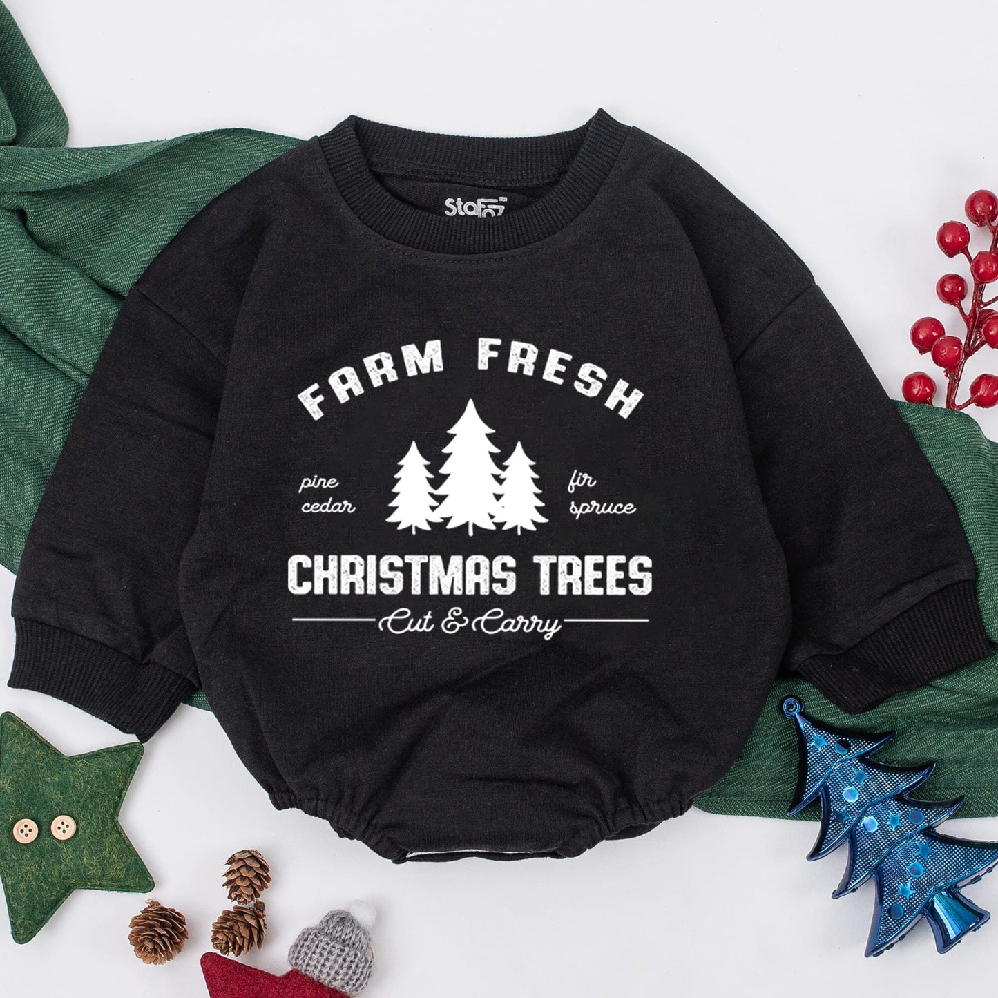 Farm Fresh Christmas Trees Baby Romper Holiday Outfit Vintage Evergreen Infant Clothes Pine Cedar Fir Spruce Cut & Carry Design First Christmas Gift Baby Shower