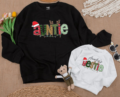 Auntie & Bestie Christmas Matching Sweatshirt Cute Xmas Kid Outfit Fall Baby Romper Gift Merry Christmas Family Winter Tee Santa Shirt