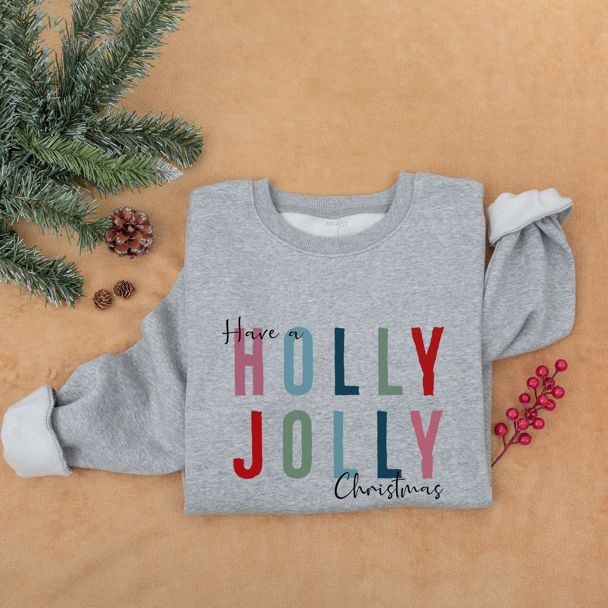 Holly Jolly Christmas Sweatshirt with Bold Colorful Red Green Blue Letters Womens Holiday Party Crewneck Festive Xmas Gift Idea