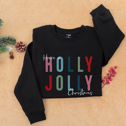 Holly Jolly Christmas Sweatshirt with Bold Colorful Red Green Blue Letters Womens Holiday Party Crewneck Festive Xmas Gift Idea