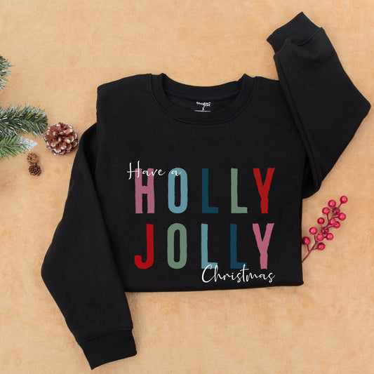 Holly Jolly Christmas Sweatshirt with Bold Colorful Red Green Blue Letters Womens Holiday Party Crewneck Festive Xmas Gift Idea