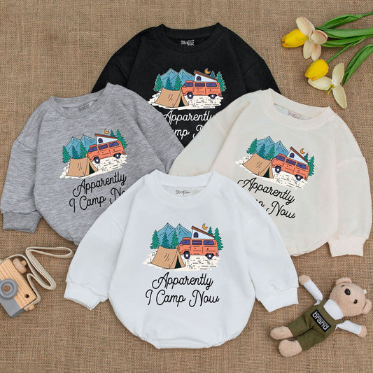 Apparently I Camp Now Baby Bodysuit Cute Camping Infant Romper Whimsical Outdoor Adventure Mountain & Camper Van Design Happy Little Adventurer Gift