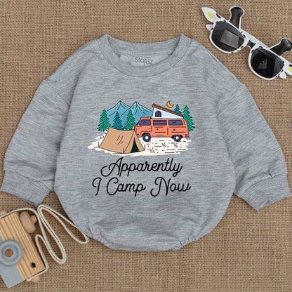 Apparently I Camp Now Baby Bodysuit Cute Camping Infant Romper Whimsical Outdoor Adventure Mountain & Camper Van Design Happy Little Adventurer Gift