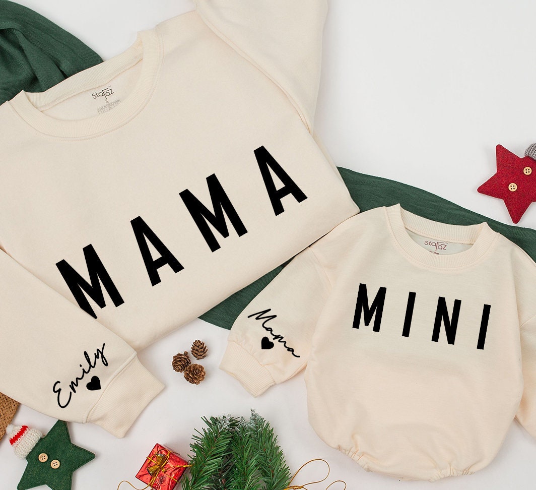 Personalized Mama and Mini Sweatshirt Matching Family Christmas Outfit Baby Girl Romper Custom Name Cozy Winter Gift