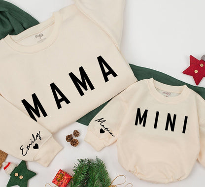 Personalized Mama and Mini Sweatshirt Matching Family Christmas Outfit Baby Girl Romper Custom Name Cozy Winter Gift