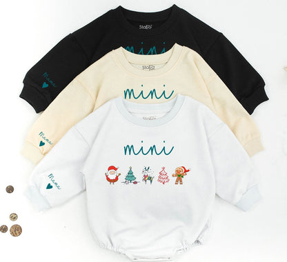 Mama and Mini Christmas Matching Sweatshirt Set Cute Whimsical Mom Baby Daughter Holiday Family Outfit Playful Characters Teal Hand-Lettered