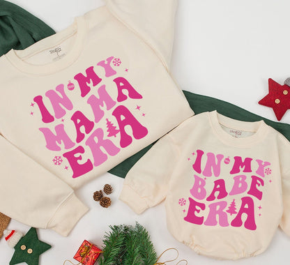 Personalized In My Mama Era Matching Family Christmas Sweatshirts and Rompers Retro Boho Groovy Flower Vintage Apparel Gift Idea