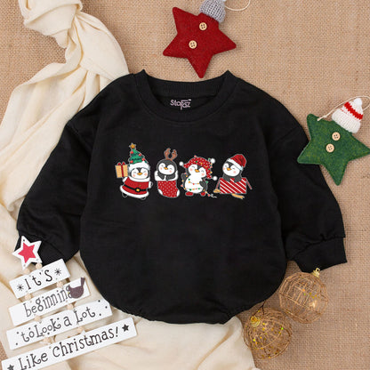 Festive Christmas Baby Boy Bubble Romper with Cute Cartoon Penguins in Holiday Attire Santa Reindeer Bodysuit Outfit