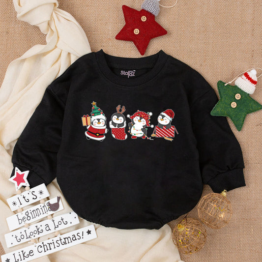 Festive Christmas Baby Boy Bubble Romper with Cute Cartoon Penguins in Holiday Attire Santa Reindeer Bodysuit Outfit