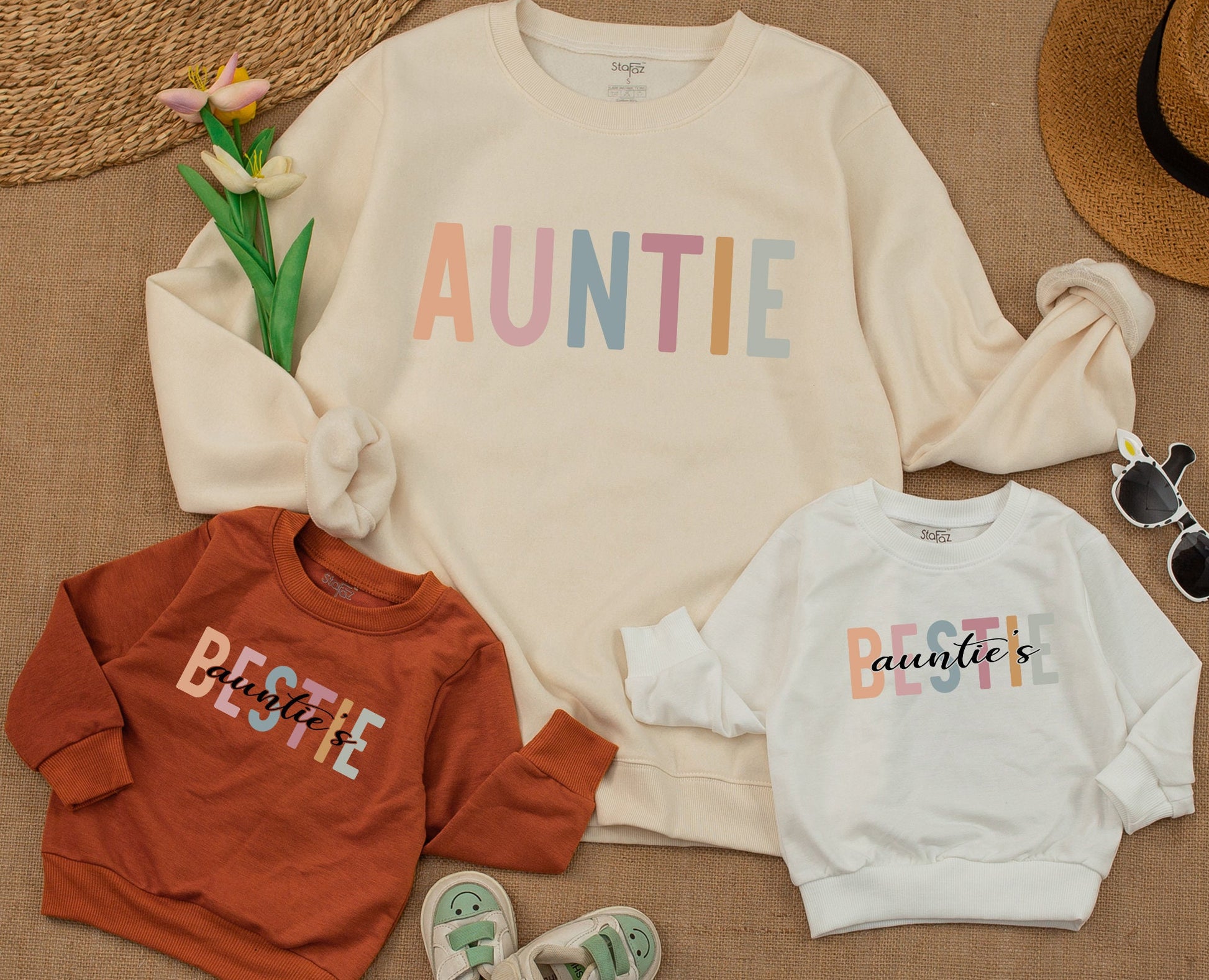 Personalized Auntie & Auntie's Bestie Matching Family Sweatshirt, Cute Xmas Gift for Niece & Baby Romper, Custom Auntie and Me Outfit
