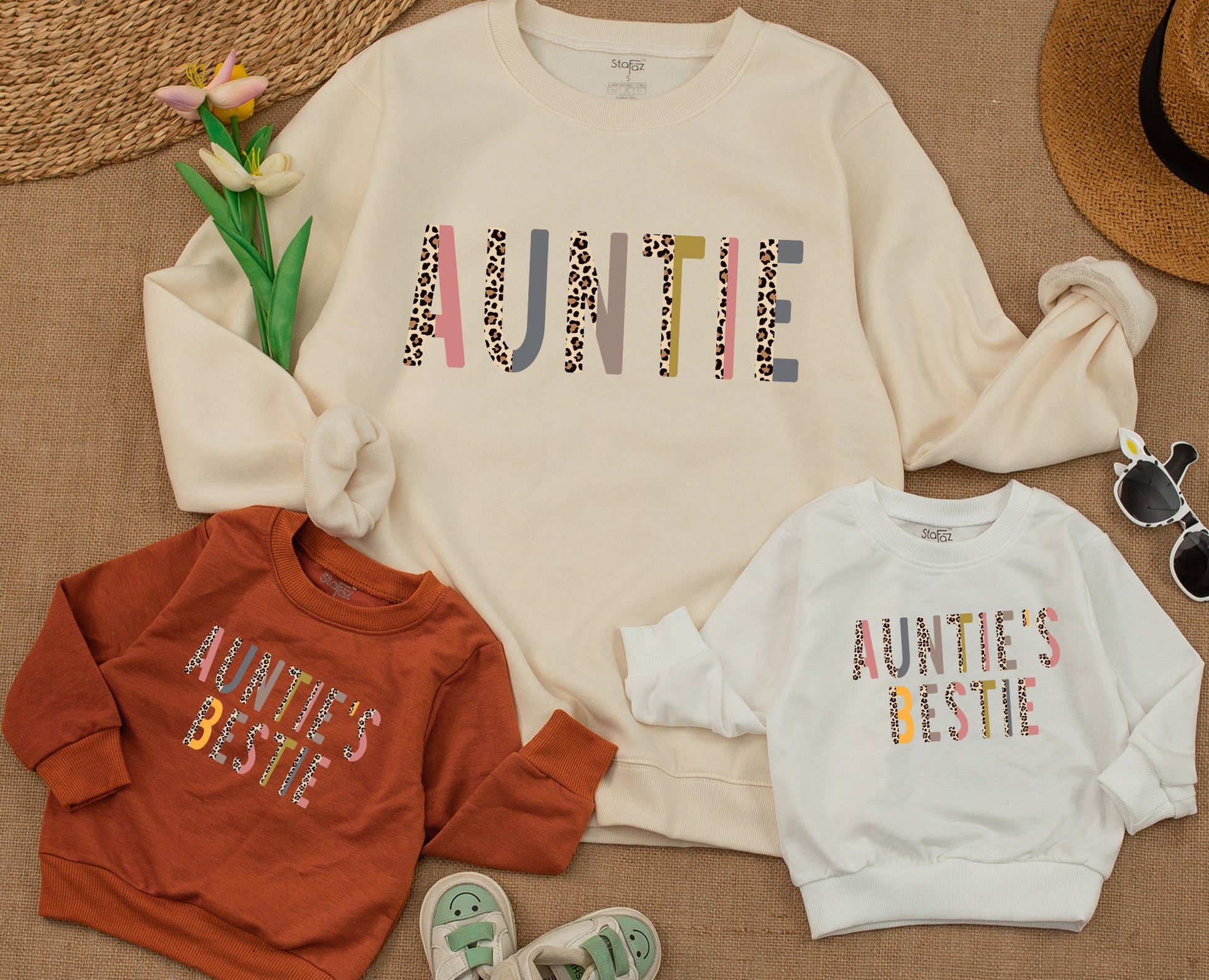 Custom Auntie & Auntie's Bestie Matching Sweatshirt Leopard Print Fall Outfit Baby Girl Romper Gift for Auntie & Niece or Nephew