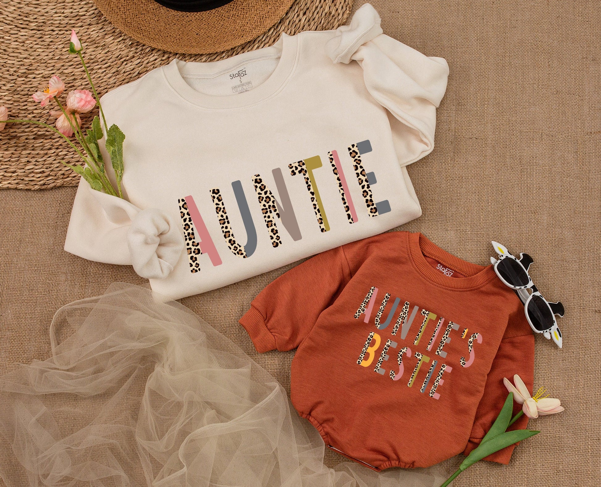 Custom Auntie & Auntie's Bestie Matching Sweatshirt Leopard Print Fall Outfit Baby Girl Romper Gift for Auntie & Niece or Nephew