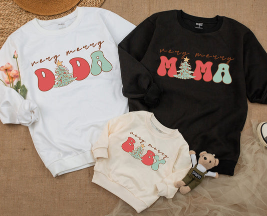 Very Merry Mama and Baby Matching Christmas Sweatshirts, Retro Holiday Family Outfits, Cute Winter Shirts,Red Green Lettering,Vintage Style Sweatshirt Gift